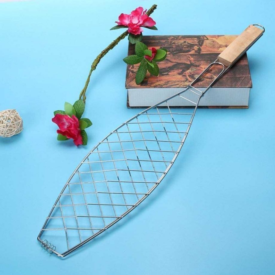 Fish BBQ Grill Rack with Wooden Handle